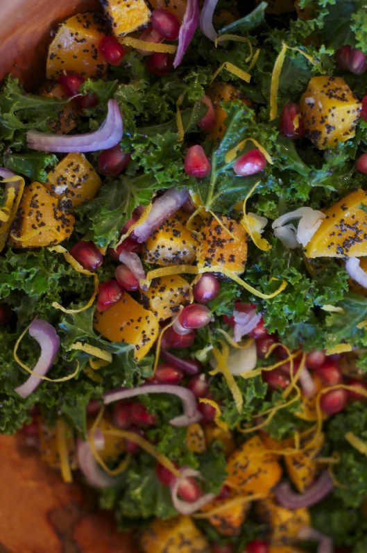 Poppy Seed-Crusted Butternut Squash with Kale and Pomegranates